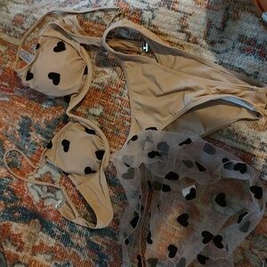 Shein Heart Print Apricot Bikini Size Meduim with Cover Up Skirt